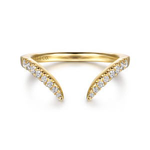 Gabriel & Co. WB16915M8Y44JJ 14 karat yellow gold Contemporary wedding band, front view of an open hoop with two tapered ends edged in small stones