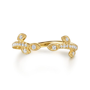 Gabriel & Co. WB16932R6Y44JJ 14 karat yellow gold Victorian wedding band, front view of leaf frames branching from a strip of diamonds on both sides of the gap
