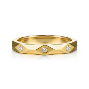 Gabriel & Co. WB16948G12Y44JJ 14 karat yellow gold Contemporary wedding band, front view of the faceted outline with round diamonds in lozenge shaped panels