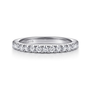 Gabriel & Co. WB16956P8W44JJ 14 karat white gold Classic wedding band, front view of a single row of round diamonds sharing prongs along a straight hoop