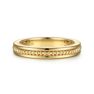 Gabriel & Co. WB16957R8Y4JJJ 14 karat yellow gold Bujukan wedding band, front view of a line of tiny round beads between two smooth rails