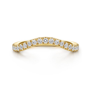 Gabriel & Co. WB16960P8Y44JJ 14 karat yellow gold Classic wedding band, front view of a shallow arch with round diamonds largest at the peak