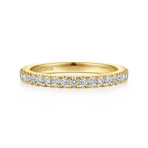 Gabriel & Co. WB16961G8Y44JJ 14 karat yellow gold Classic wedding band, front view of a level band with an even row of small round diamonds