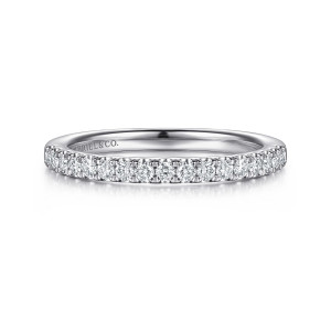 Gabriel & Co. WB16962O8W44JJ 14 karat white gold Classic wedding band, front view of a straight band with a close row of round diamonds along the top