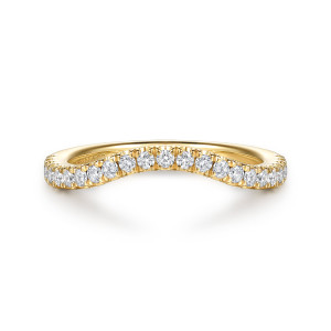 Gabriel & Co. WB16965G12Y44JJ 14 karat yellow gold Classic wedding band, front view of a deep inward arc with round stones held in scalloped prongs