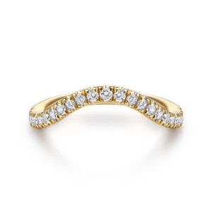Gabriel & Co. WB16967O8Y44JJ 14 karat yellow gold Classic wedding band, front view of the arched band, with the diamond row rising to a soft peak