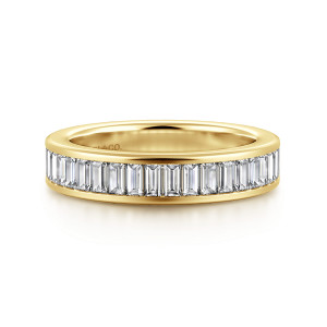 Gabriel & Co. WB16979E12Y43JJ 14 karat yellow gold Contemporary wedding band, front view of baguette stones lying crosswise between two straight polished metal walls
