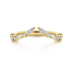 Gabriel & Co. WB16996M8Y44JJ 14 karat yellow gold Contemporary wedding band, front view of the curved band with a gap between two marquise diamonds at the top