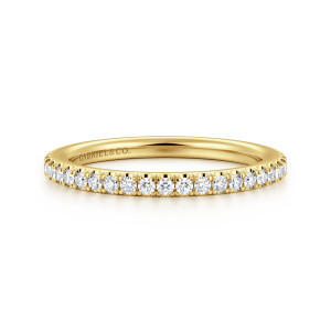 Gabriel & Co. WB16997E8Y44JJ 14 karat yellow gold Classic wedding band, front view of the straight hoop, showing round diamonds along the front and the maker's mark inside