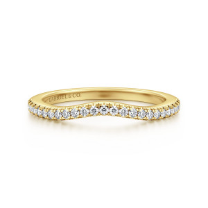 Gabriel & Co. WB17000E6Y44JJ 14 karat yellow gold Classic wedding band, front view of a single shallow bend along the top edge, lined with small round diamonds