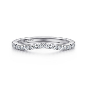 Gabriel & Co. WB17000O8W44JJ 14 karat white gold Classic wedding band, front view of the shallow dip in the top edge, with tiny round diamonds following the curve