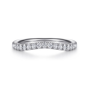 Gabriel & Co. WB17022R8W44JJ 14 karat white gold Classic wedding band, front view of a gently curved band with a row of round diamonds rising toward the middle