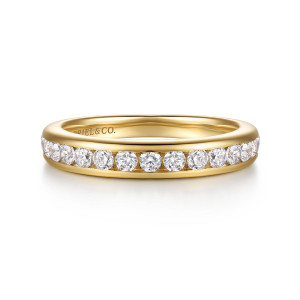 Gabriel & Co. WB17098E8Y44JJ 14 karat yellow gold Classic wedding band, front view of a straight band with round diamonds held between smooth metal walls