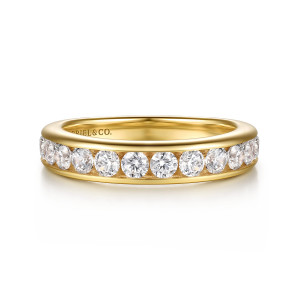 Gabriel & Co. WB17099O8Y44JJ 14 karat yellow gold Classic wedding band, front view of round diamonds set side by side in a smooth walled channel along the top