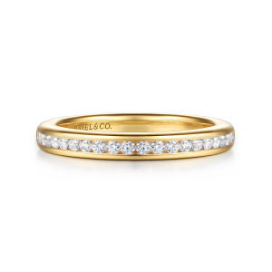 Gabriel & Co. WB17100R8Y44JJ 14 karat yellow gold Classic wedding band, front view of round stones sitting flush in a channel with plain walls on both sides
