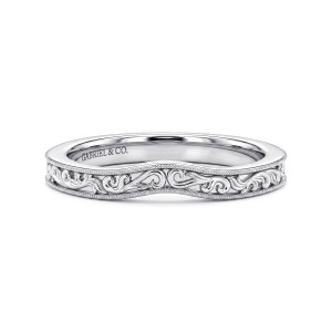 Gabriel & Co. WB17135O8W4JJJ 14 karat white gold Victorian wedding band, front view of swirling scrollwork between two beaded borders under a gentle rise at the center