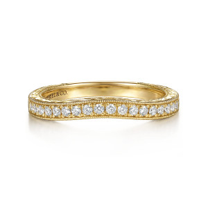 Gabriel & Co. WB17372R8Y44JJ 14 karat yellow gold Victorian wedding band, front view of a gently dipped outline with round stones between two beaded rails