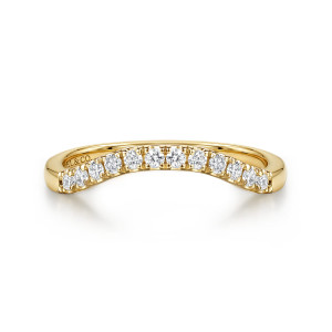 Gabriel & Co. WB17385R8Y44JJ 14 karat yellow gold Classic wedding band, front view of the pronounced central arch with round stones following the crest