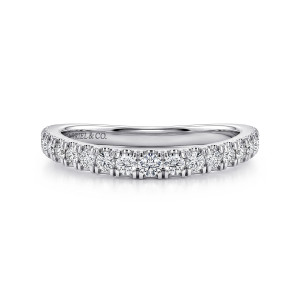 Gabriel & Co. WB17406R8W44JJ 14 karat white gold Contemporary wedding band, front view of the low arch with closely spaced diamonds and slim split prongs