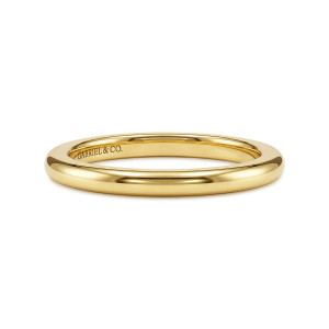 Gabriel & Co. WB17421N8VY4JJJ 14 karat yellow gold Classic wedding band, front view of a plain round hoop with a domed outer surface and a maker's mark inside