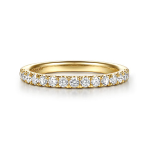 Gabriel & Co. WB17427R8Y44JJ 14 karat yellow gold Classic wedding band, front view of a straight band with round diamonds spaced evenly along the top