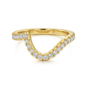 Gabriel & Co. WB17428O12Y44JJ 14 karat yellow gold Contemporary wedding band, front view of a lopsided wave of round diamonds dropping sharply at a squared end on one side
