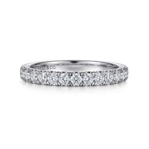 Gabriel & Co. WB17435O8W44JJ 14 karat white gold Classic wedding band, front view of a straight band with round diamonds held apart by small prongs