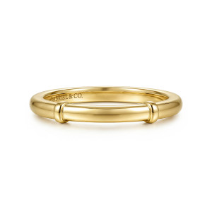 Gabriel & Co. WB17438G8Y4JJJ 14 karat yellow gold Classic wedding band, front view of a rounded polished hoop with a raised top section between two small collars
