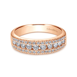 Gabriel & Co. WB3952K44JJ 14 karat rose gold Contemporary wedding band, front view of larger middle diamonds between two beaded rows of small stones and a rounded inside