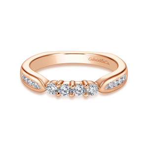 Gabriel & Co. WB3993K44JJ 14 karat rose gold Contemporary wedding band, front view of four larger stones between two leaf shaped shoulders holding small stones