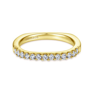Gabriel & Co. WB4247Y44JJ 14 karat yellow gold Contemporary wedding band, front view of a softly squared hoop with round diamonds along the upper edge