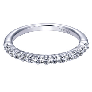Gabriel & Co. WB6168W84JJ 18 karat white gold Contemporary wedding band, front view of a single line of round diamonds with ball-tipped prongs on both sides of each stone