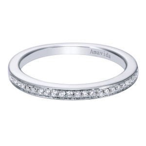 Gabriel & Co. WB6326W84JJ 18 karat white gold Contemporary wedding band, front view of a tiny line of round diamonds set along one edge of a straight polished hoop