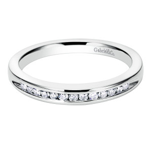 Gabriel & Co. WB6353W44JJ 14 karat white gold Contemporary wedding band, front view of small round diamonds sitting in a groove along the front of a rounded polished hoop