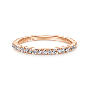 Gabriel & Co. WB6420K44JJ 14 karat rose gold Contemporary wedding band, front view of tiny round diamonds separated by small bead like prongs on a straight band