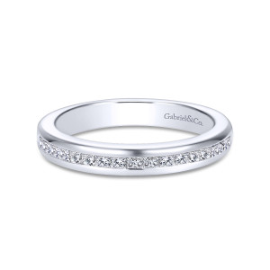 Gabriel & Co. WB6575W44JJ 14 karat white gold Contemporary wedding band, front view of a straight band with a line of square-looking stones between polished rails
