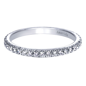 Gabriel & Co. WB6584W83JJ 18 karat white gold Contemporary wedding band, top view of the row of round stones with tiny prongs between them and a maker's mark inside