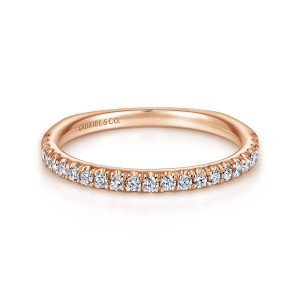 Gabriel & Co. WB6623K44JJ 14 karat rose gold Contemporary wedding band, front view of a single line of round diamonds with small prongs and a maker's mark inside