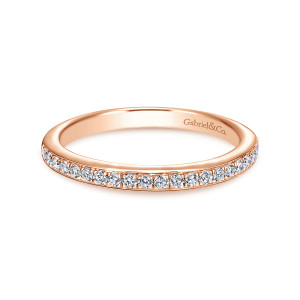 Gabriel & Co. WB6684K44JJ 14 karat rose gold Contemporary wedding band, front view of a single row of small round diamonds on a smooth hoop