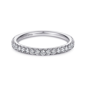 Gabriel & Co. WB6923W44JJ 14 karat white gold Contemporary wedding band, front view of closely spaced round diamonds along a straight polished band with a maker's mark inside