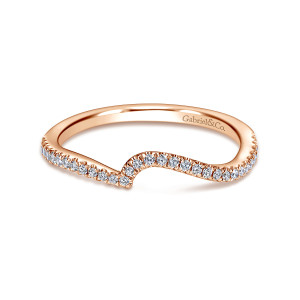 Gabriel & Co. WB6974K44JJ 14 karat rose gold Contemporary wedding band, front view of the S-shaped step where the row of diamonds sweeps in and back out