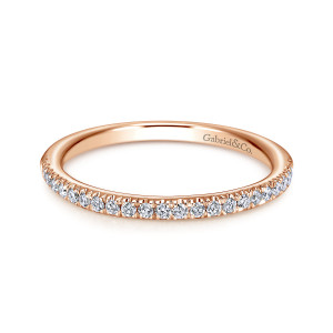Gabriel & Co. WB6984K44JJ 14 karat rose gold Contemporary wedding band, front view of a single row of small round diamonds along the top of the hoop
