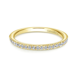 Gabriel & Co. WB6984Y44JJ 14 karat yellow gold Contemporary wedding band, front view of a round band with a tight row of small diamonds held by tiny prongs