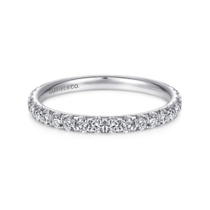 Gabriel & Co. WB7016W44JJ 14 karat white gold Contemporary wedding band, front view of a close line of round diamonds above a smooth rounded inside