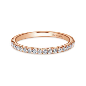 Gabriel & Co. WB7225K44JJ 14 karat rose gold Contemporary wedding band, front view of an even hoop with round stones in scalloped prongs along the top