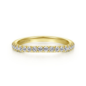 Gabriel & Co. WB7277Y44JJ 14 karat yellow gold Contemporary wedding band, front view of evenly spaced round diamonds along the top of a rounded hoop