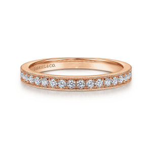 Gabriel & Co. WB7278K44JJ 14 karat rose gold Victorian wedding band, front view of a straight band with milgrain edges framing round stones