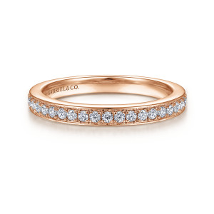 Gabriel & Co. WB7444K44JJ 14 karat rose gold Contemporary wedding band, front view of the straight hoop with a flat rim above a single line of sunken diamonds