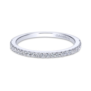 Gabriel & Co. WB7495W44JJ 14 karat white gold Contemporary wedding band, front view of the hoop with a single line of small round diamonds along its top edge
