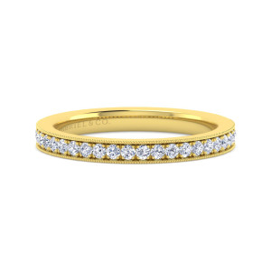 Gabriel & Co. WB7528Y44JJ 14 karat yellow gold Victorian wedding band, front view of the straight hoop with beaded borders framing a row of round diamonds